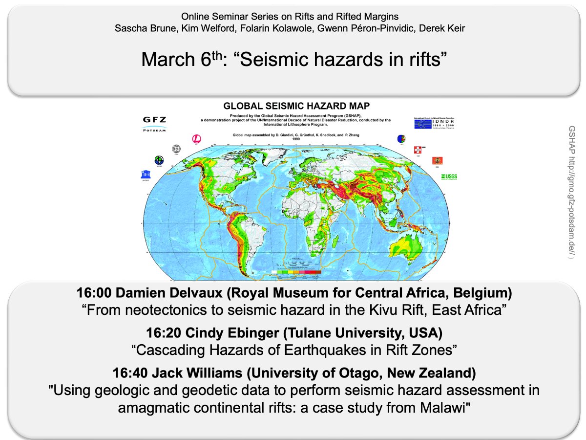 Why is seismic hazard assessment in rifts so difficult?

Find out in our #RiftAndRiftedMarginsSeminar with
Damien Delvaux, Cindy Ebinger,<a href="/faulty_Jack/">Jack Williams @faulty-jack.bsky.social</a>

March 6th 4pm CET

Register:  uni-potsdam.zoom.us/meeting/regist…
Past talks: youtube.com/channel/UCEStg…

<a href="/GeoFizz_DK/">Derek Keir</a> <a href="/NERC_COMET/">UK COMET</a> <a href="/JudithGeology/">Dr. Judith Hubbard</a>