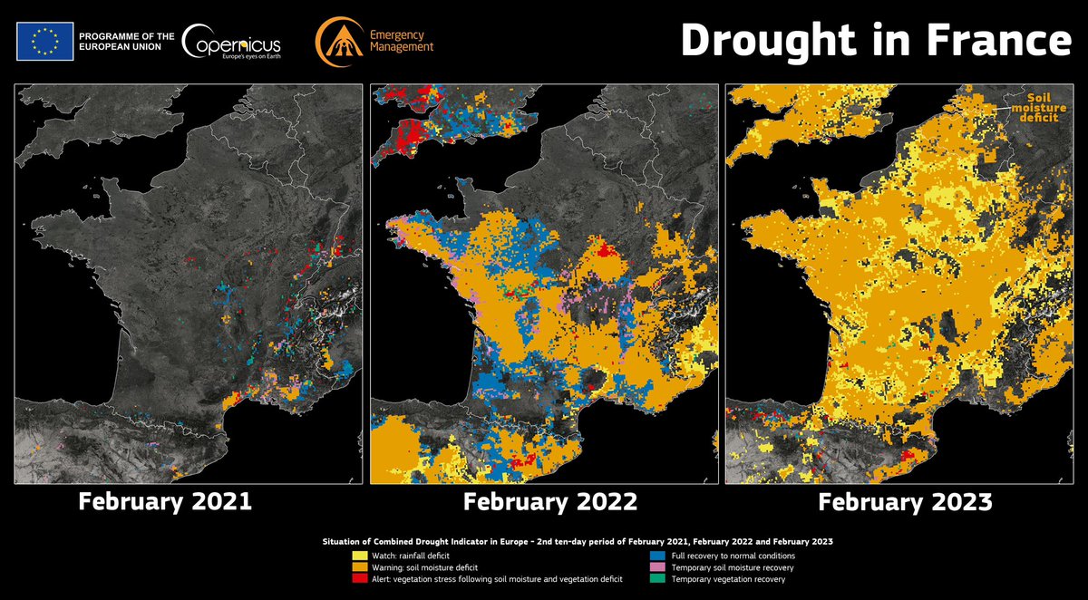 Drought indicator for France:

February 2021 ➡️ 2022 ➡️ 2023

32 days straight without rain, the longest streak since 1959.

It’s undeniable that this is serious. 

Actions like our 🇪🇺 Soil Health &amp; Nature Restoration Law are the solutions we must deploy.

forbes.com/sites/chrisobr…