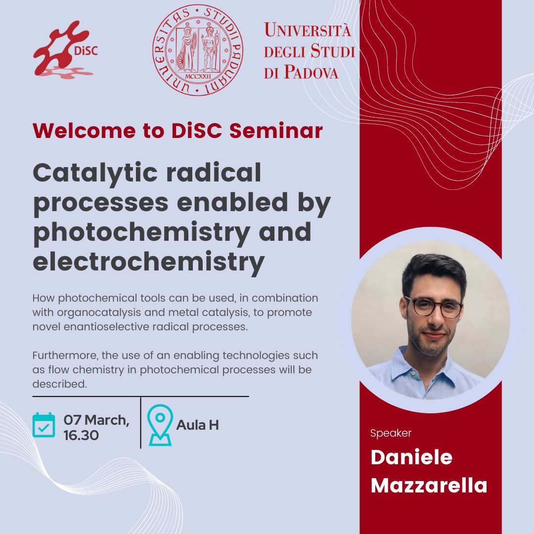 Dipartimento di Scienze Chimiche - UniPD (@discunipd) on Twitter photo Join us for the next Welcome to DiSC seminar!
Our next speaker will be <a href="/DMZ_MazDa/">Daniele Mazzarella</a> , RTDA at DiSC and member of <a href="/DellAmico_group/">Dell'Amico Group</a> . Join us for the next Welcome to DiSC seminar!
Our next speaker will be <a href="/DMZ_MazDa/">Daniele Mazzarella</a> , RTDA at DiSC and member of <a href="/DellAmico_group/">Dell'Amico Group</a> .