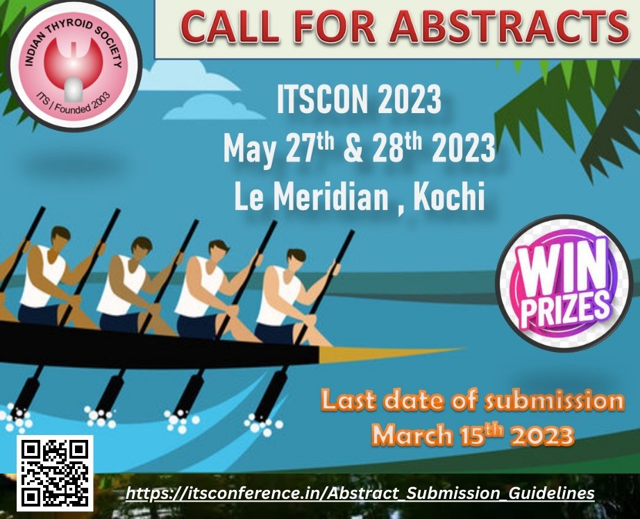 Hurry up ! #MedTwitter Last date for Receiving Scientific Abstracts for ITSCON2023 is March 15 (Wednesday) itsconference.in/Abstract_Submi… @omlakhani @DrSunil_Kota @AskDrShashank @thehormoneDR @drtejallathia @ChitraEndocrine @dr_rsantosh @DrAmbrishMithal @KopalleNalini @mvramamohan