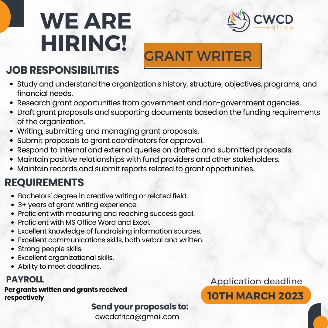 We are hiring!

Are you a grant writer with a passion for social impact? 
Do you have the ability to write winning grant applications?

Join out team today.

Send your proposals to cwcdafrica@gmail.com

#cwcdafrica #grantwriter #hiring #vacancy