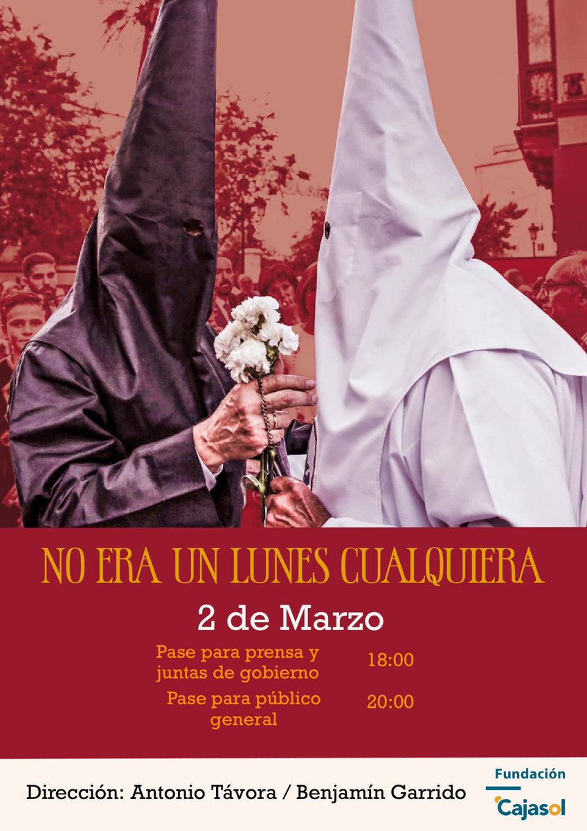 🎥 Información | Presentación de la película "No era un lunes cualquiera"

📅 Jueves 2 de marzo
🕖 20 horas
🏛️Fundación <a href="/Cajasol/">Fundación Cajasol</a> 
🗣️ Acceso gratuito hasta completar aforo