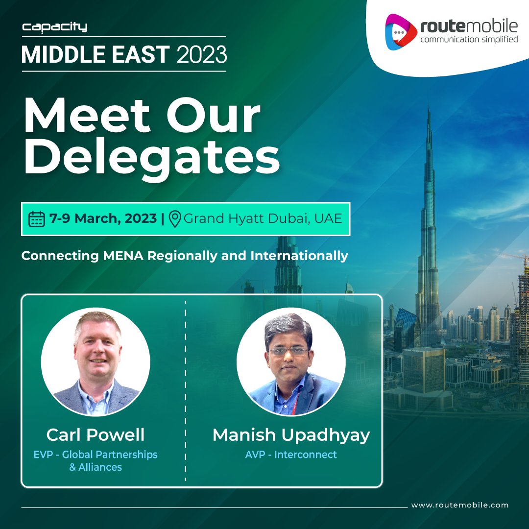 routemobile's tweet photo. Join our delegates at #CapacityMiddleEast 2023, the region's largest carrier meeting.
π
7th - 9th Mar 2023
π @grandhyattdxb
#MiddleEast #Dubai #KeepingTheWorldConnected #IndustryEvent #RouteMobile #RouteItRight @CapacityMedia https://t.co/mkyzoRGNlX