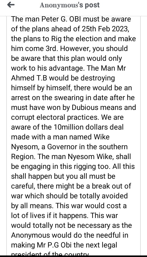 Rejoice83951194's tweet photo. Please @PeterObi you have to be very careful now 🙏🙏
It looks like this prophecy is already manifesting
#INECElectionResult 
#Rigging
#Revolution 
#Resignation 
#protest 
#ObiIsWinningEverywhere 
#2023Verdict 
#BolaAhmedTinubu https://t.co/UJ5V64lKq4