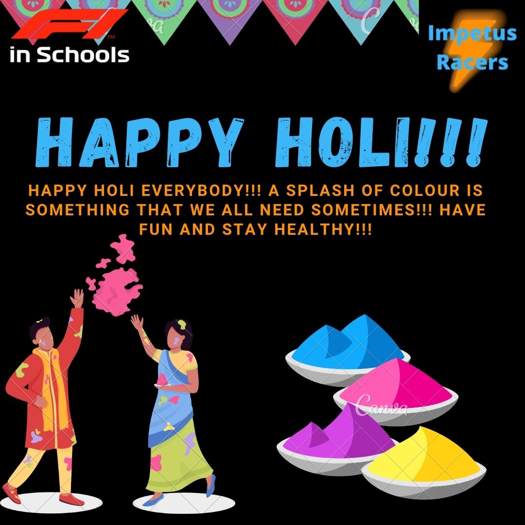ImpetusRacers's tweet photo. Happy Holi 2023! Stay Safe from harmful colours!
#f1inschoolsindia #f1inschools #ImpetusRacers #f1inschoolsnationals #follow #aispv #impetus #season6 #sponsor #socials #stem #Nationals #F1 #Holi2023 #HappyHoli https://t.co/B2yuYfCjRm
