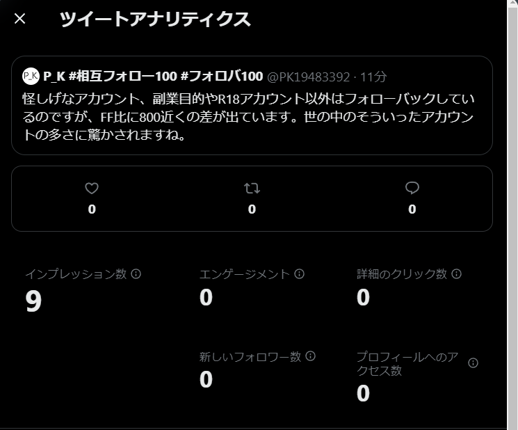 ありがたいことにフォロワー様も増えてきましたので、調査がてら先程のツイートのアナリティクスを覗いてみましたところ、中々の数値に驚かされました。やはり相互フォローの形から集めた数字には実態がほとんどないのだなと理解できる形になっています。
