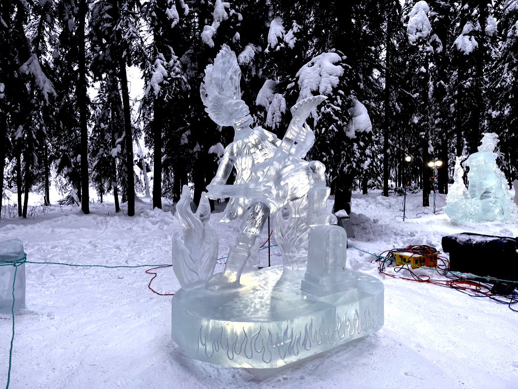 chapin1971's tweet photo. Here are the Double Block ice sculpture at the 2023 Ice Alaska World Ice Art Championships. Come down to the Ice Park and experience the beauty of ice. #icealaska #WIAC #worldiceartchampionships #icesculpture @icealaska https://t.co/ThNOTYmGfT