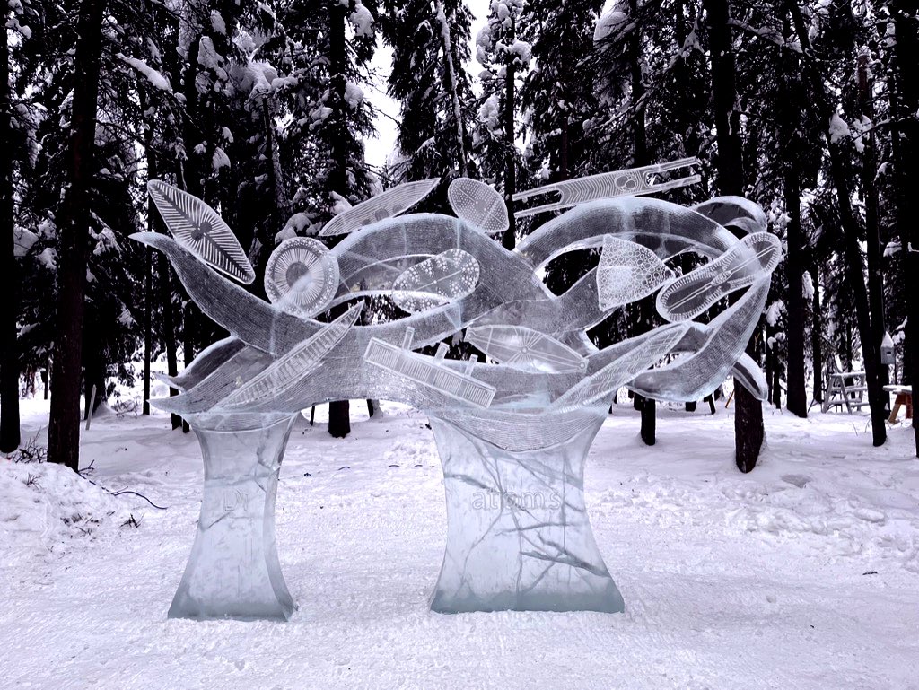 chapin1971's tweet photo. Here are the Double Block ice sculpture at the 2023 Ice Alaska World Ice Art Championships. Come down to the Ice Park and experience the beauty of ice. #icealaska #WIAC #worldiceartchampionships #icesculpture @icealaska https://t.co/joMoHLaoOC