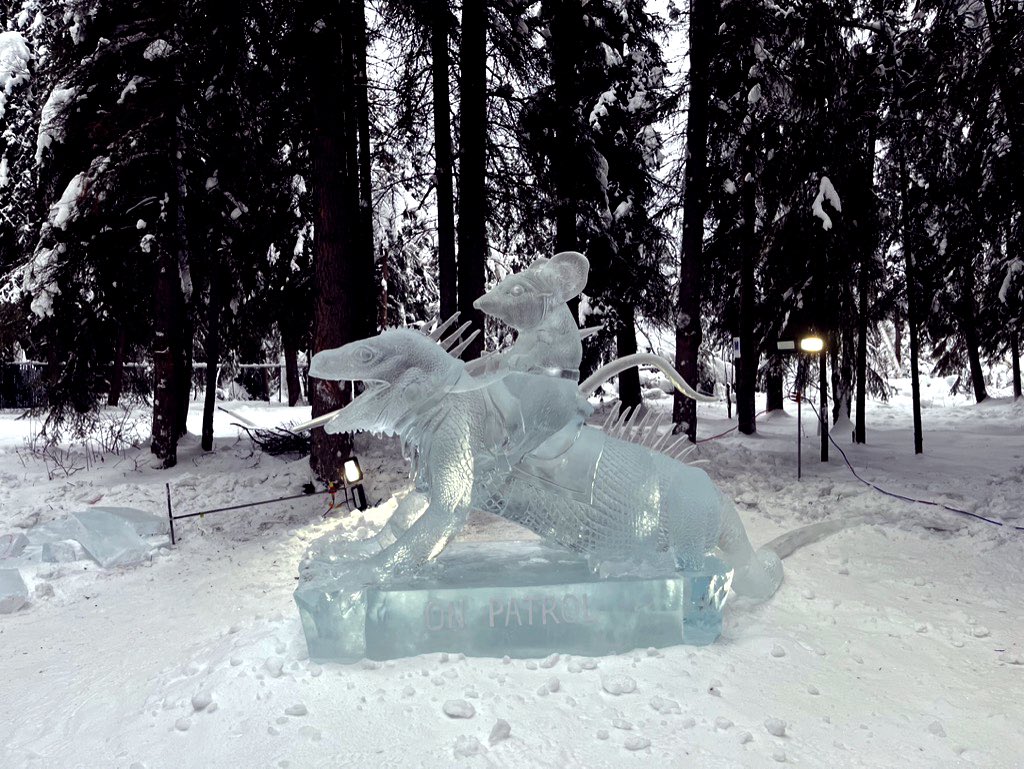 chapin1971's tweet photo. Here are the Double Block ice sculpture at the 2023 Ice Alaska World Ice Art Championships. Come down to the Ice Park and experience the beauty of ice. #icealaska #WIAC #worldiceartchampionships #icesculpture @icealaska https://t.co/joMoHLaoOC