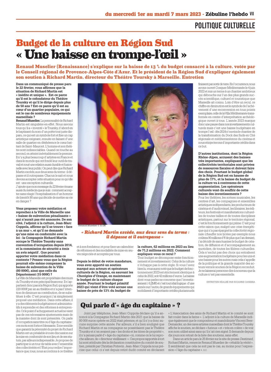 fetherOumeur's tweet photo. L'interview de @RenaudMuselier President de @MaRegionSud 🔴🟡 , sur le budget consacré a la culture en #regionsud, ainsi que sur son soutien a #Richard_Martin directeur du théâtre #Toursky https://t.co/oKh0PTNNTs