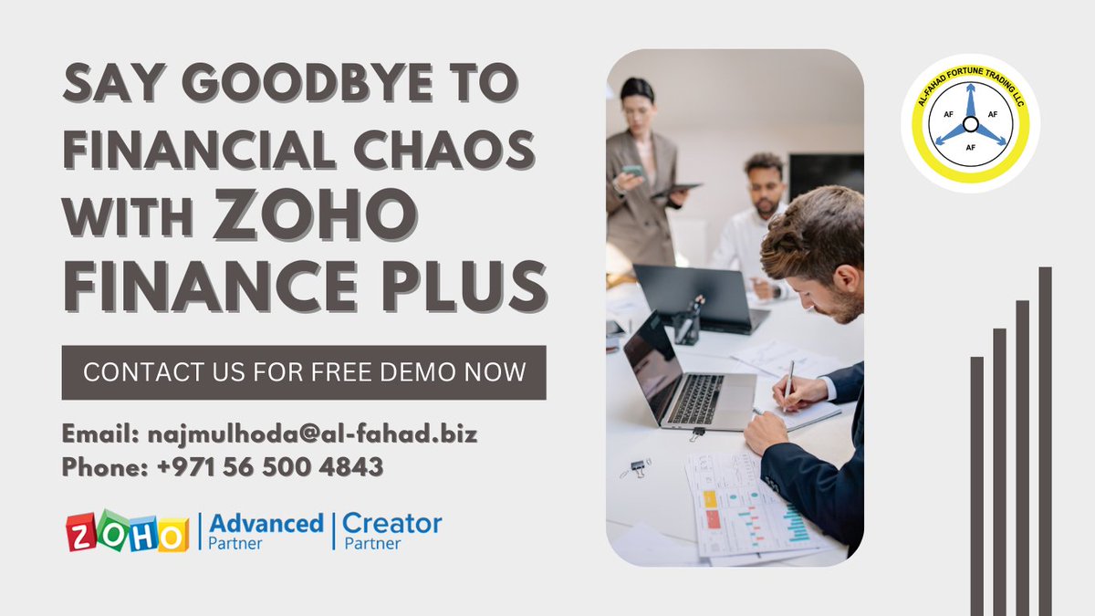 AFITconsulting's tweet image. Say goodbye to financial chaos with Zoho Finance Plus

Contact Us For Free Demo Now
Website: al-fahad.biz/zoho-finance-p…
Email: najmulhoda@al-fahad.biz
Mobile: +971 56 500 4843

#zohofinanceplus #zohoadvacedpartner #zohoreseller #financemanagement #financesoftware