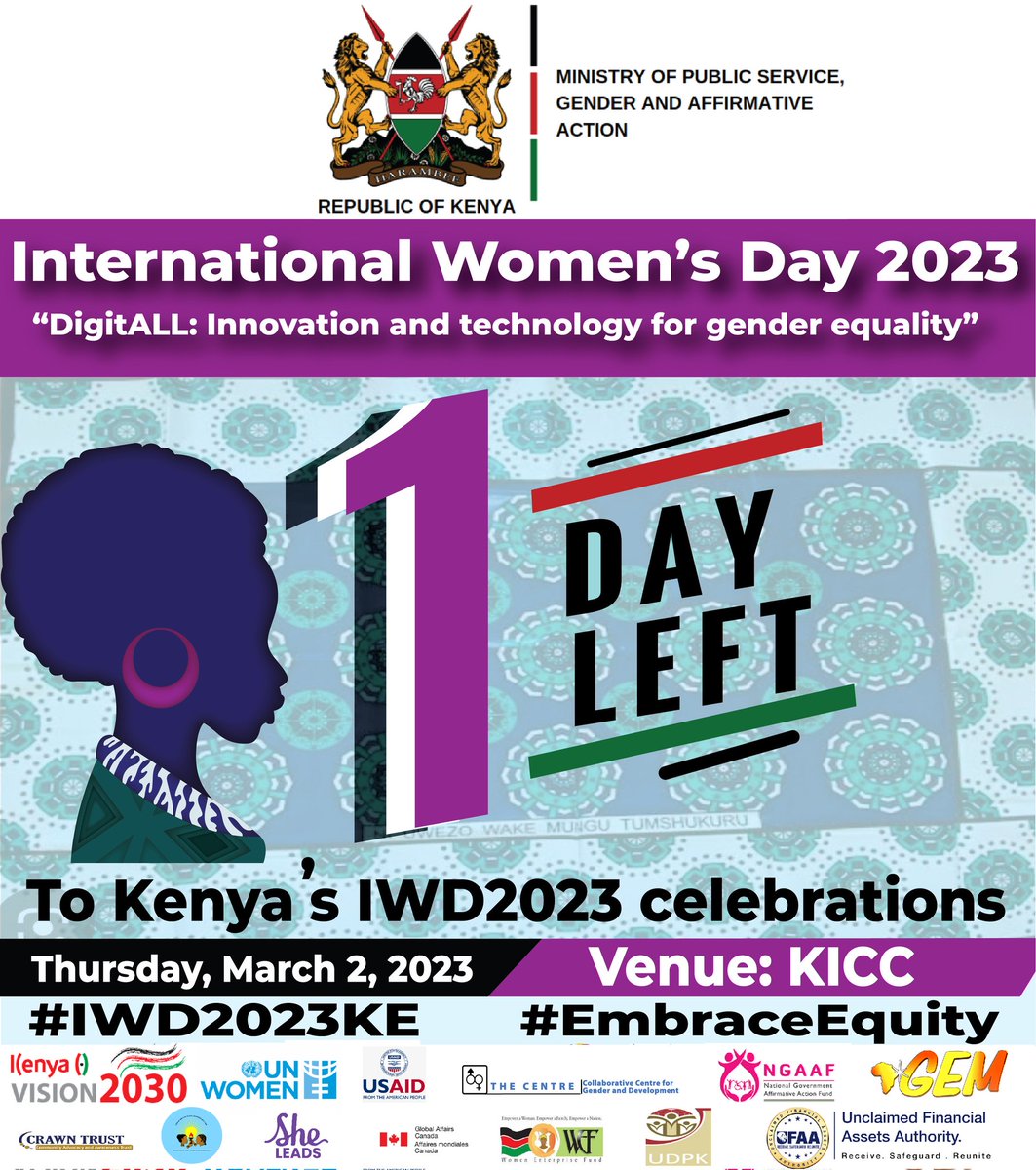 We're counting hours! Can you tell we're excited?🥳 Please come join us for the #IWD2023 Kenya celebrations tomorrow, Thursday 2nd March 2023!
#IWD2023 #IWD2023KE #EmbraceEquity
<a href="/unwomenkenya/">UN Women Kenya</a>
<a href="/USAIDKenya/">USAID Kenya</a>
<a href="/CCGD_KE/">Collaborative Centre for Gender and Development</a> 
<a href="/KenyaRedCross/">Kenya Red Cross</a> 
<a href="/AMWIK/">Association of Media Women in Kenya</a>
<a href="/IDLO/">International Development Law Organization</a>
<a href="/crawntrustkenya/">CRAWN TRUST</a>
<a href="/NGAAF_KE/">National Government Affirmative Action Fund</a>
<a href="/UFAAKenya/">UFAA Kenya</a>
