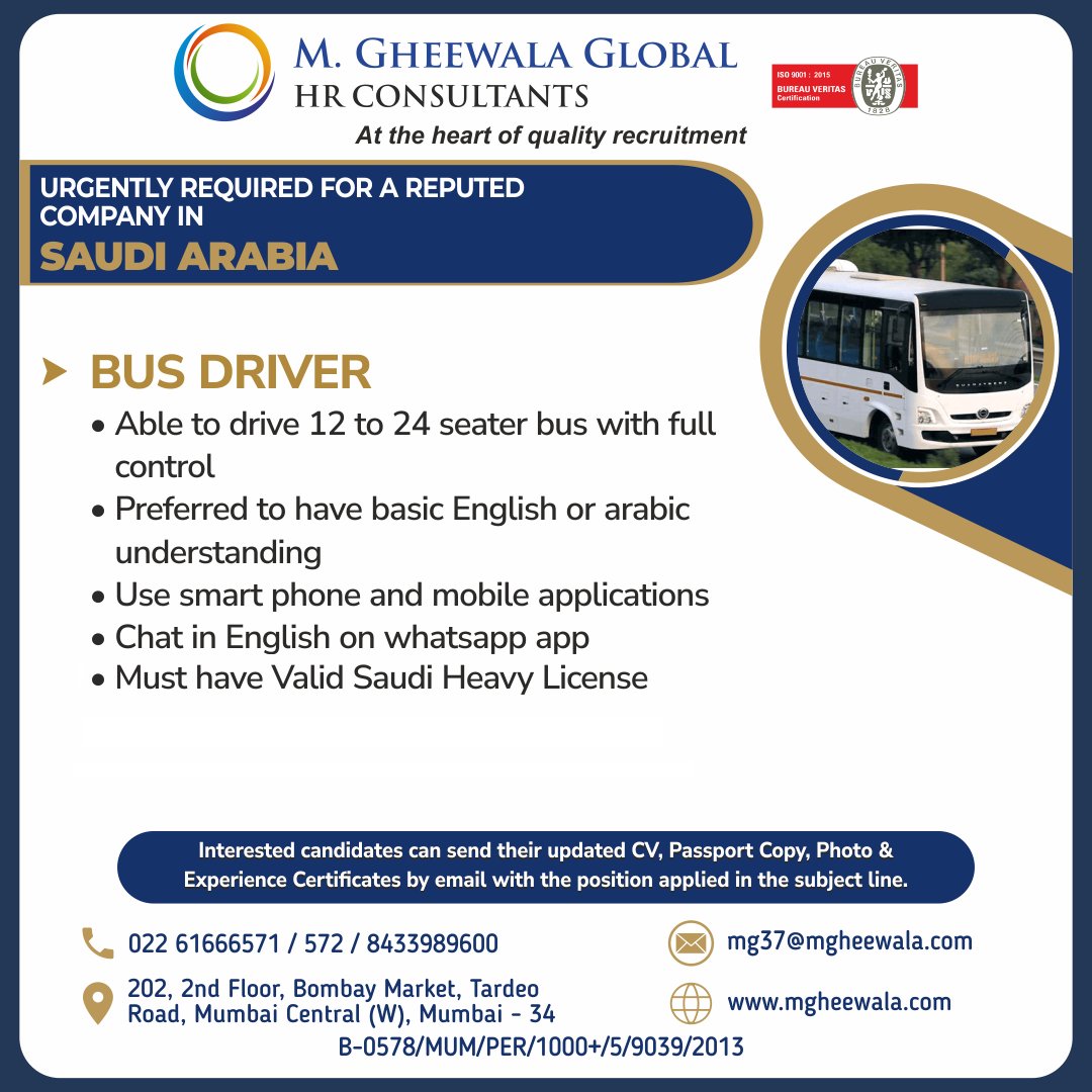 mgheewala_hrc's tweet photo. Job Vacancies for #Saudiarabia

Interested Candidates can send the updated resume to mg37@mgheewala.com

Learn More https://t.co/Ps4bxv1OLt

#driver #busdriver #driverforsaudi #drivingexperience #saudilicense #drivinglicense #drivingknowledge #drivingjob #saudijobs #jobsinsaudi https://t.co/CXI9bud2AV