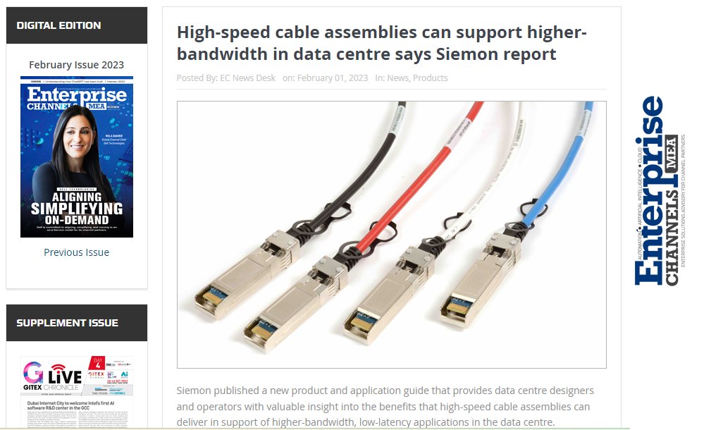 #Siemoninnews
The enterprise channel MEA magazine has published its latest release featuring an application guide on high-speed cable assemblies by #Siemon. 
lnkd.in/gGW2quKV

#datacentersolutions #datacenterinfrastructure #datacenter #highspeedinternet