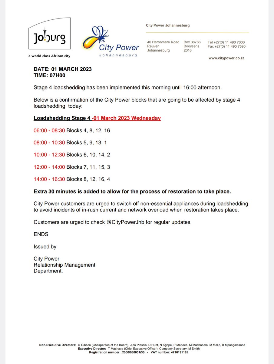 CityPowerJhb's tweet photo. #UPDATE 
#Loadshedding is currently in progress until 16h00 

Schedule for today^HN https://t.co/92XogZNuZS