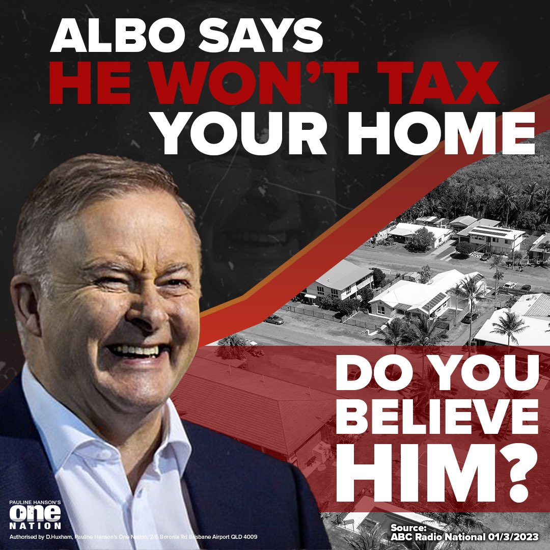 PaulineHansonOz's tweet photo. Jim Chalmers refused to rule out increasing taxes on the family home, now PM Albanese is telling people not to worry!

Labor lied about electricity prices, they lied about immigration, they lied about super.

With Labor’s record of lies, you are probably right to be worried! https://t.co/pP0XUBQZDg