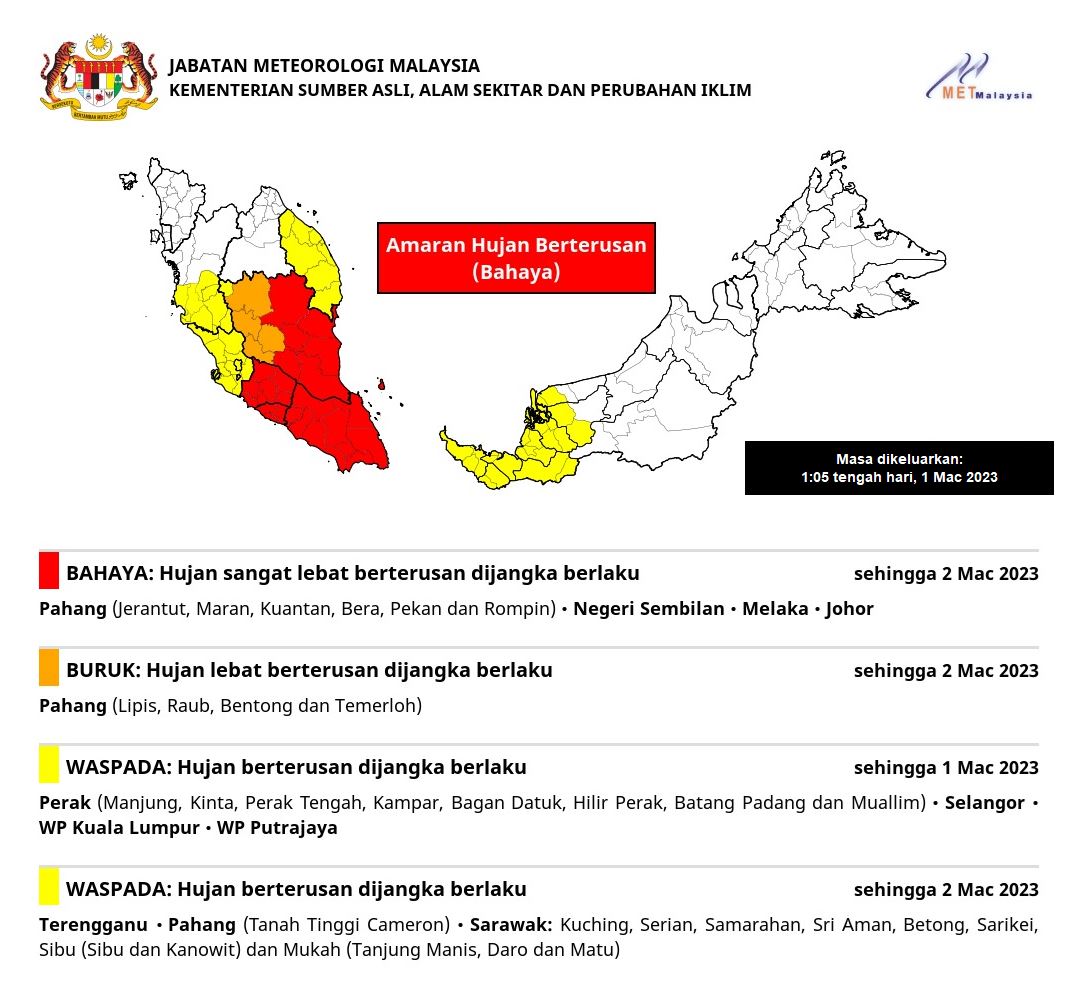 ‼️AMARAN HUJAN BERTERUSAN 🌧️🌧️🌧️
[dikeluarkan pada 1 Mac 2023 jam 1.05 tengah hari]

#amaranhujanberterusan
#LindungDiriLindungSemua
#KLCeria
#CMSWPKL