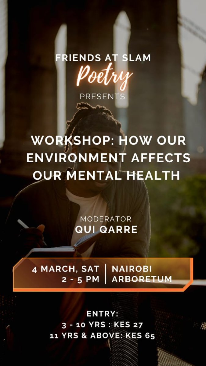 I'm honored to lead another session at Friends At Slam Poetry. This time we take a direction that focuses on our wellness as creatives. We'll be joined by Brian Otieno, a psychologist &amp; an art therapist.

Venue: Nairobi Arboretum
Time: 2 - 5 pm
Entry: Arboretum fee
#FASpoetry