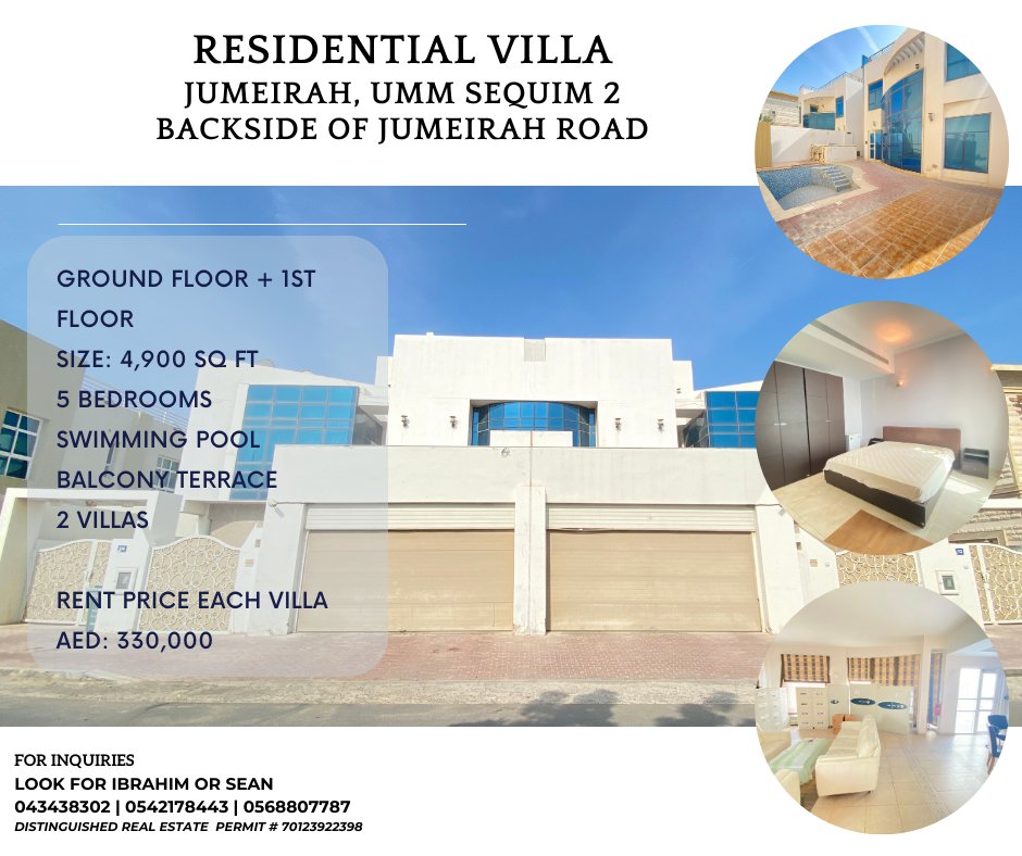 DistinguishedR2's tweet photo. Residential Villa in Umm Suqeim 2 For rent AED:330,000
#0commission #dre #villas #residentialvilla #ummsuqeim #jumeirah #mainroad #nocommission #directfromowner #nearburjalarab #jumeirahbeach #primelocation #residential #5bedrooms #realestate #dubai #uae #forlease #rent https://t.co/gcWR6Gvl4V
