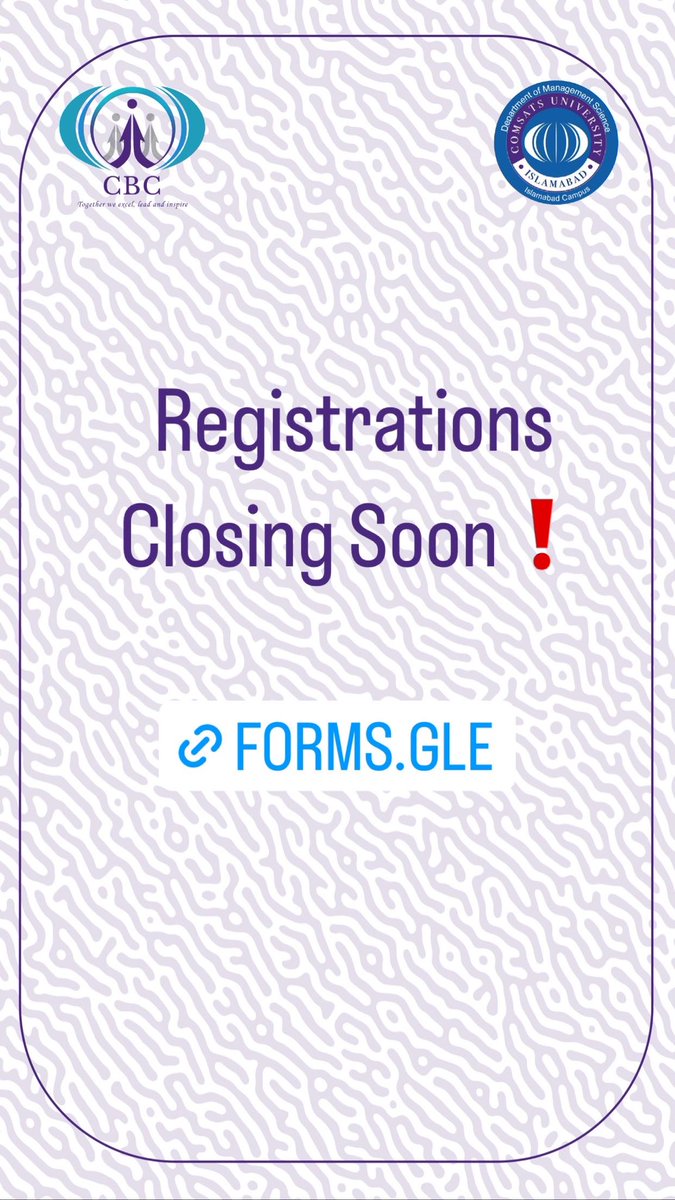 Registrations closing soon…!

forms.gle/WtRXCmj1MhXu9C…
#CBC #CUI #COMSATSBuisnessClub #DMS #ManagementScience