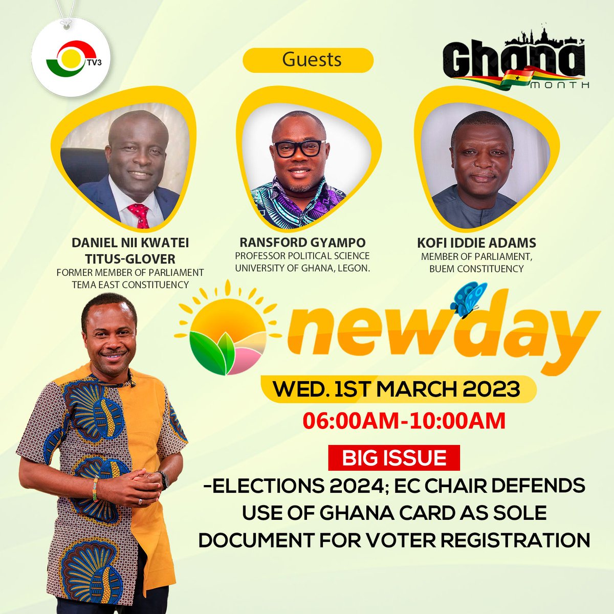 ▪︎Ghana Card for onward registration or not... it is the big argument slated for the morning. 
▪︎Ghana is 66 years, broke, begging IMF for Bailout, is celebrating an Independence Day. It is going to be in the Beautiful Volta Region❤

#TV3NewDay #JohnniesBite #TV3GH