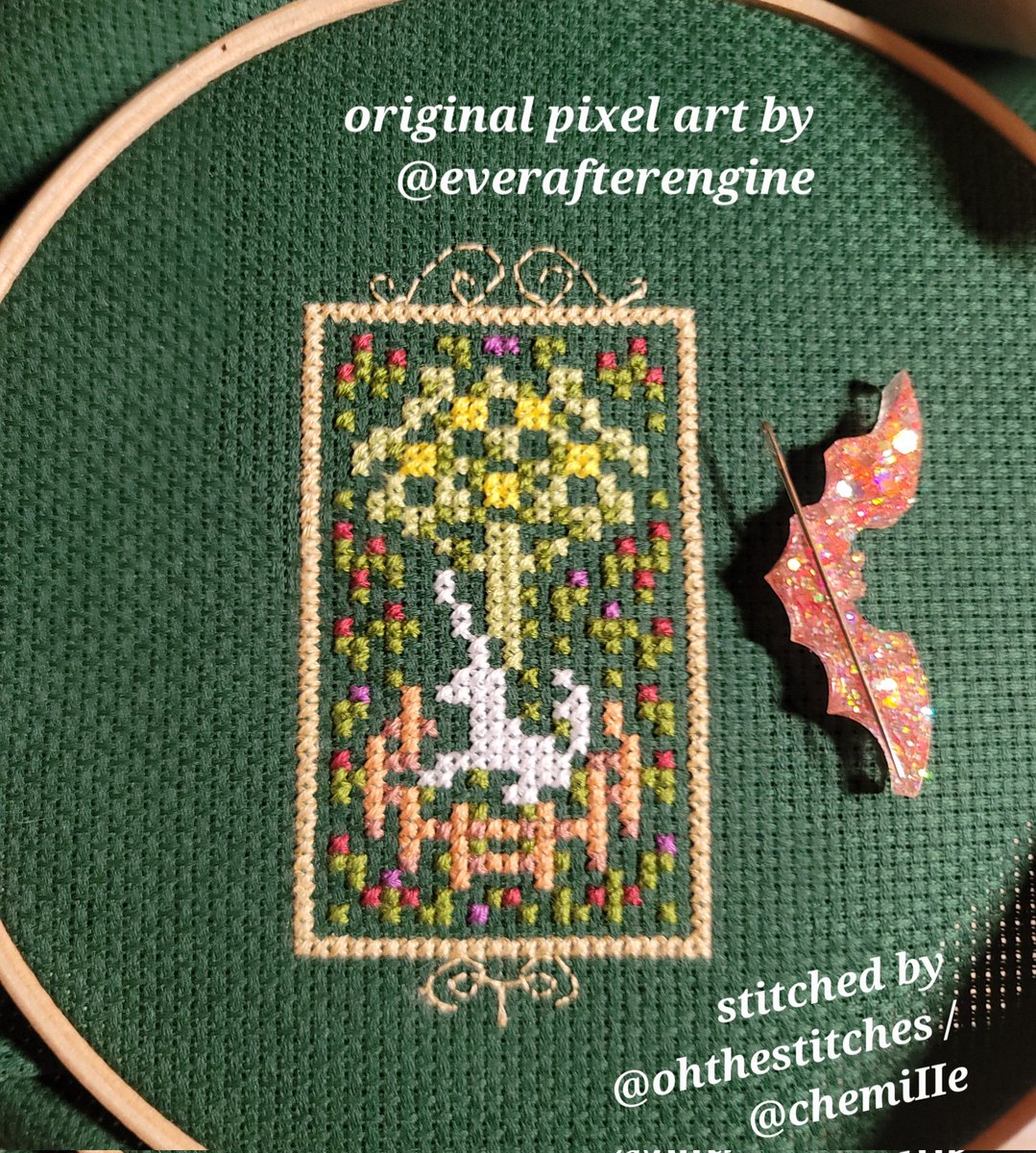 ohthestitches's tweet photo. @ChemiIIe is my main account - and I got permission there (see thread below) to stitch up this lovely piece. No way I'd have the patience to reproduce the original tapestry, but I LOVE @everafterengine 's mini edition of The Unicorn in Captivity. Here's their version stitched... https://t.co/CroYoX1KUu