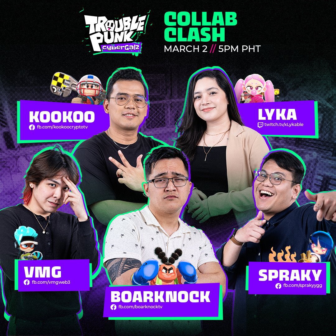VMiguelG's tweet photo. It's on! I'm so hyped for this 🔥

Join us tomorrow! March 2, 5PM with my idols @kookoocryptotv, @BoarKnockTV, @SprakyYGG and @xlykable as we play @CybergalzNFT TroublePunk! 🥳

#troublepunk #cybergalznft #cybergalz https://t.co/zwNwDWbrub