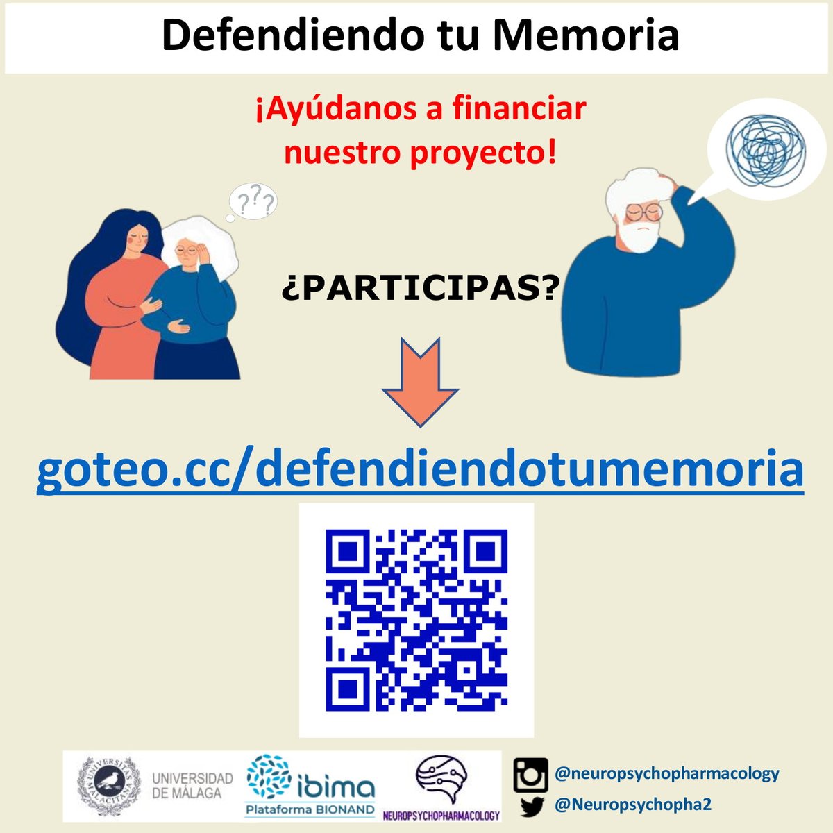 NeuroReca's tweet photo. Desde @NeuroReca apoyamos el proyecto de microfinanciación "Defendiendo tu Memoria" destinado a conseguir impulsar la investigación en biomarcadores de Enfermedades Neurodegenerativas y liderado por el grupo de Neuropsicofarmacologia de @_ibima. Pincha en: https://t.co/I19FCOSROC https://t.co/uODW9IKfj6