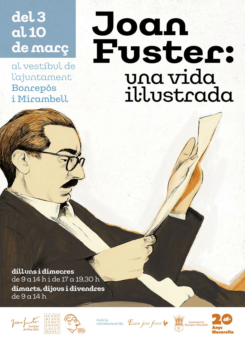 acMacarella's tweet image. Properes activitats macarelleres 👇
- divendres 3 de març 19:45h Exposició Joan Fuster 🥸@AVLoficial i Club de Lectura 📚
- dimarts 7 de març 18h Cine setmana de la dona 📽️