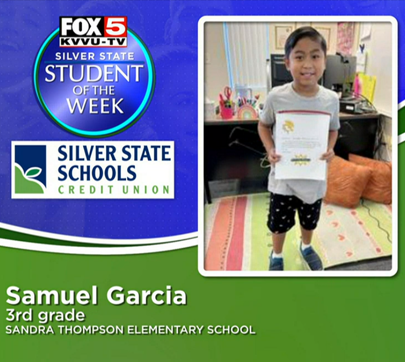 CCSDEngage's tweet photo. The @FOX5Vegas and @SilverStateCU Student of the Week is Samuel Garcia, 3rd grader at S. Thompson ES. Way to go! 🎉
.
Samuel's hard work and self-discipline have helped him achieve academic success! 
@ClarkCountySch #WeAreCCSD #ccsdcommunity #ccsdengage https://t.co/KOvMsBalzB