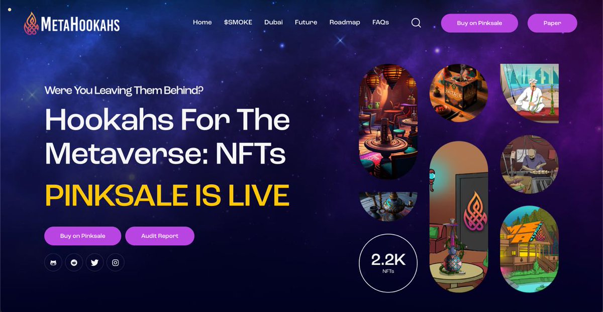 〽️ #METAHOOKAHS is LIVE.

💰 Join NOW on Pinksale: tinyurl.com/metahookahs

❤️ Real Life Cafe in Dubai for NFT Holders
🚀 Meta Hookahs for Metaverse
📝 Audited Project

Website: metahookahs.io
Telegram: t.me/+qKHvaoHS4xA3Z…
Video Review: youtu.be/mzloEI46c8o