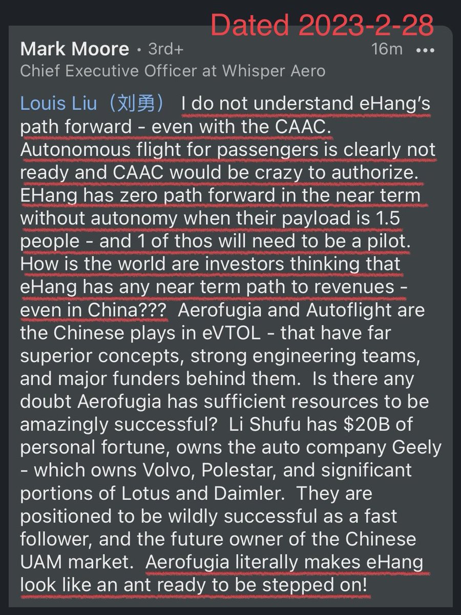 eBIRDmag's tweet photo. Perhaps the #eVTOL short seller Mark “Wolfpack-Douglass” Moore 🤡 is drunk tonight as his devastatingly foolish “new clothes procession” continues on LinkedIn.

🤡 Wolfpack-Moore’s words are dated today (2023-2-28) and screenshot below.

This one is a must read for being comical: https://t.co/x1OoTUhR3z