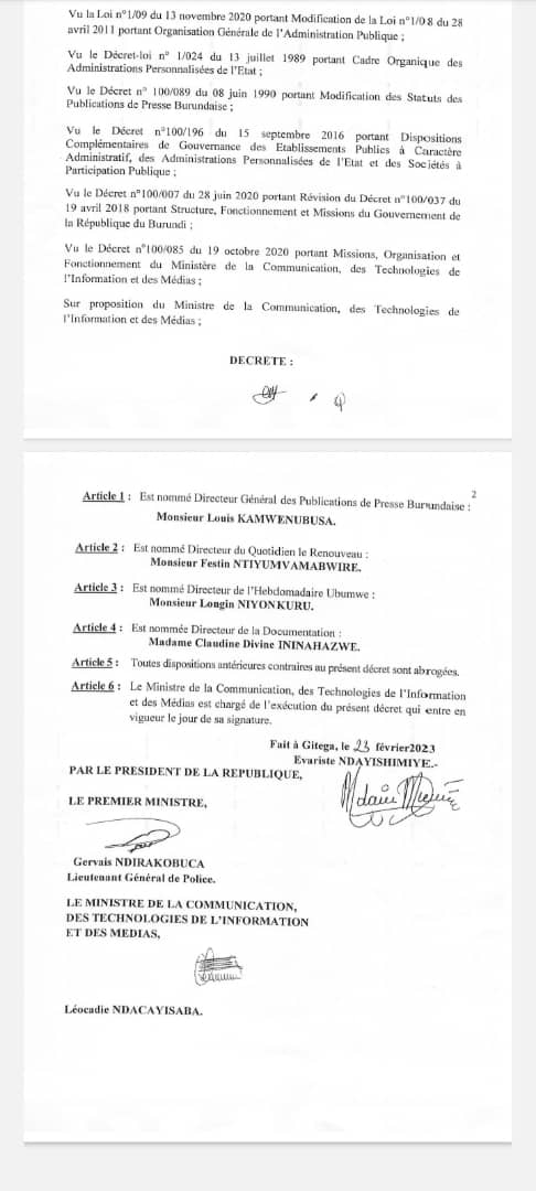 Mfashe aka kanya kugire nkengurukire cane Nyenicubahiro Umukuru w'igihugu yanyizigiye kandi. Niyemeje kuzorangurana umwete n'ubwira amabanga anshinze mu ntumbero y'imigambi ya Reta Nkozi Reta Mvyeyi yo guherekeza iterambere ry'igihugu mur'ayo mabanga.