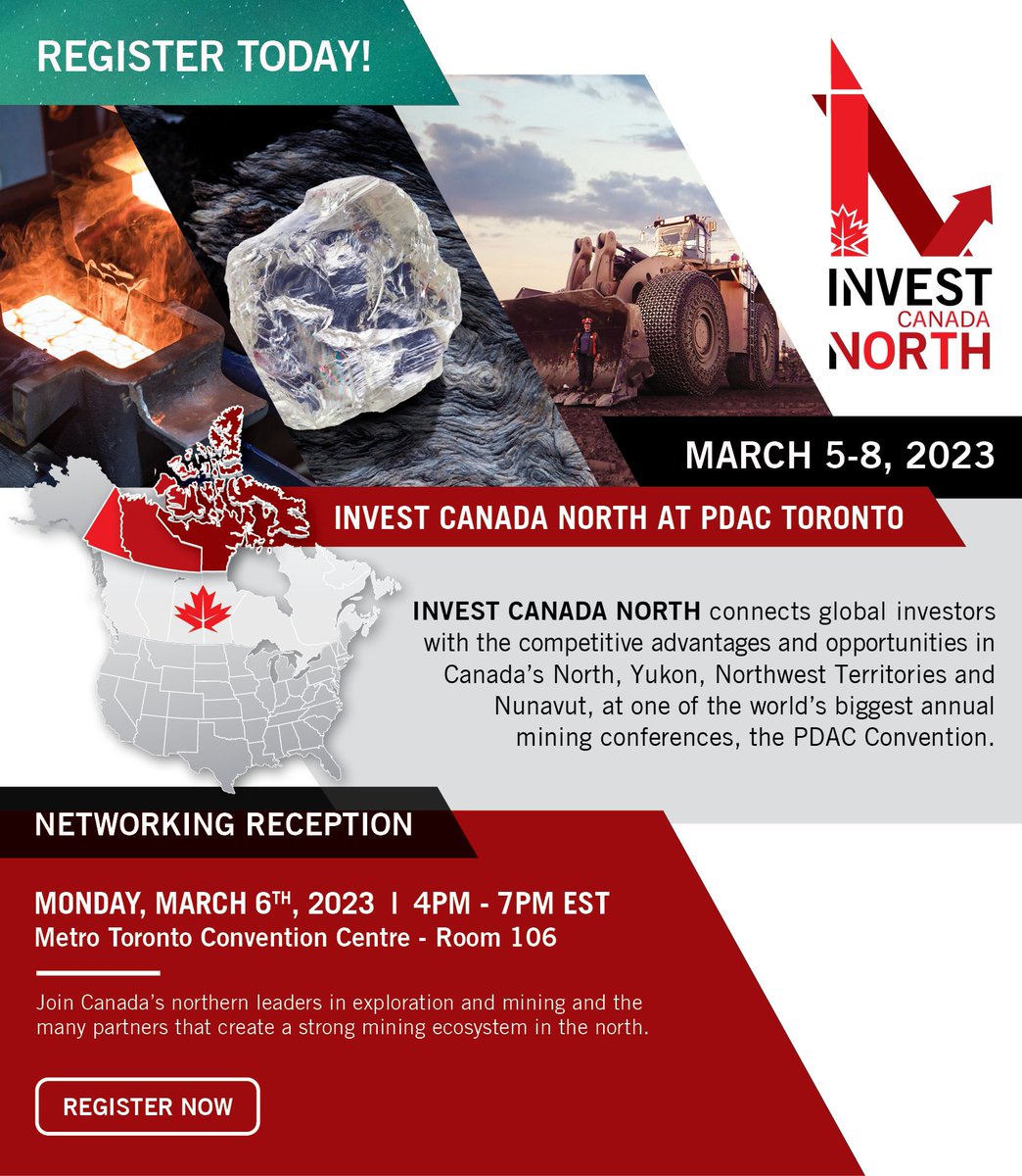 InvestCANorth's tweet photo. Join us at @the_PDAC #PDAC2023 for the #InvestCANorth Reception Monday March 6 - 4pm to 7pm

Learn more and register online at https://t.co/eU6nl1AIDa 

@MiningNorth @InvestYukon @YukonMiners @invest_canada @NRC_CNRC @canada

@GOVofNUNAVUT @GNWT_ITI @yukongov https://t.co/JKKD47bJVq