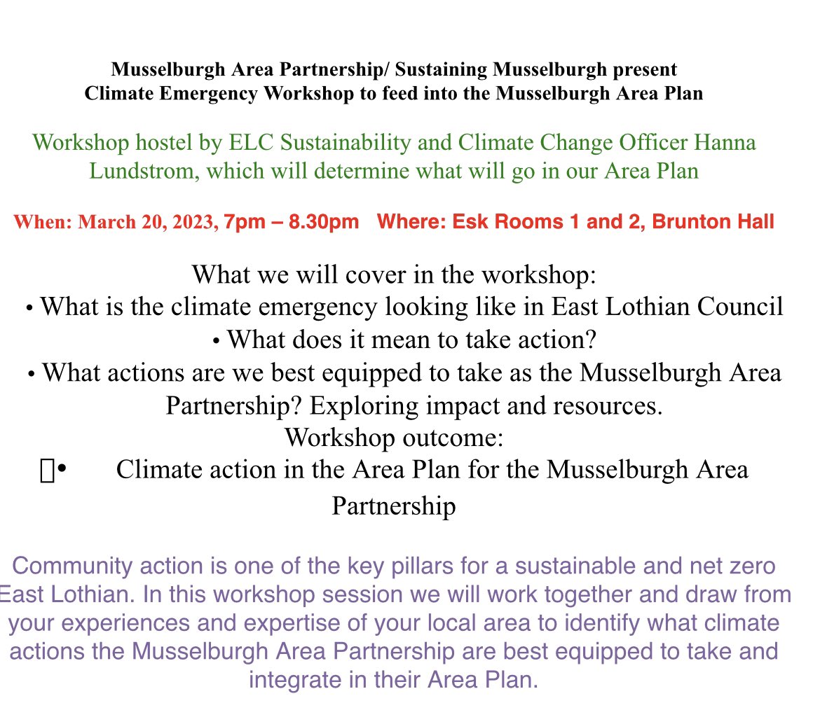 MussFPAG's tweet photo. Climate Emergency Workshop to feed into the Musselburgh Area Plan
Workshop hostel by ELC Sustainability and Climate Change Officer Hanna
Lundstrom, which will determine what will go in our Area Plan
When: March 20, 2023, 7pm - 8.30pm Where: Esk Rooms 1 and 2, Brunton Hall https://t.co/f2Icz0ern8