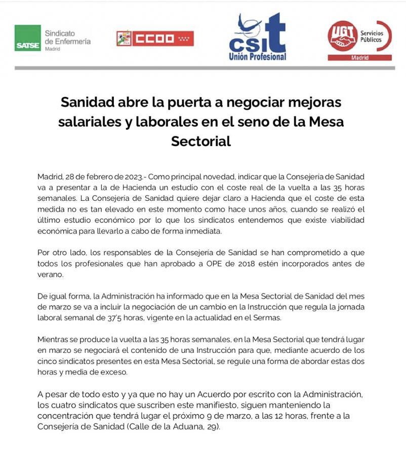 #SanidadPublica #Madrid
#SERMAS 
Pese a avances respecto a las 35h/semana y hasta no tener documento que garantice nuevo establecimiento de jornada, mantenemos convocatoria movilizaciones👇🏼
📍Concentración 
📆 9 marzo
⏰ 12h
📌C/Aduana (frente a Consejería Sanidad)