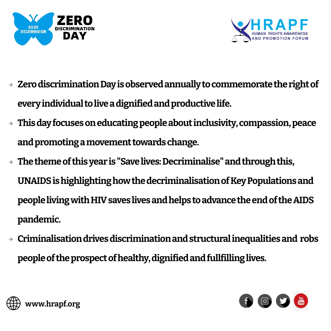 Criminal laws targeting Key Populations and PLHIV violate human rights, exacerbate the stigma people face, and put people in danger by creating barriers to the support and services they need to protect their health. 

#ZeroDiscriminationDay 
#SavelivesDecriminalise