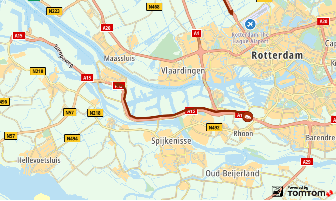 Ongeluk op de #A15 Rotterdam ► Europoort. Bij afrit Rozenburg is slechts één rijstrook open. +60 min.