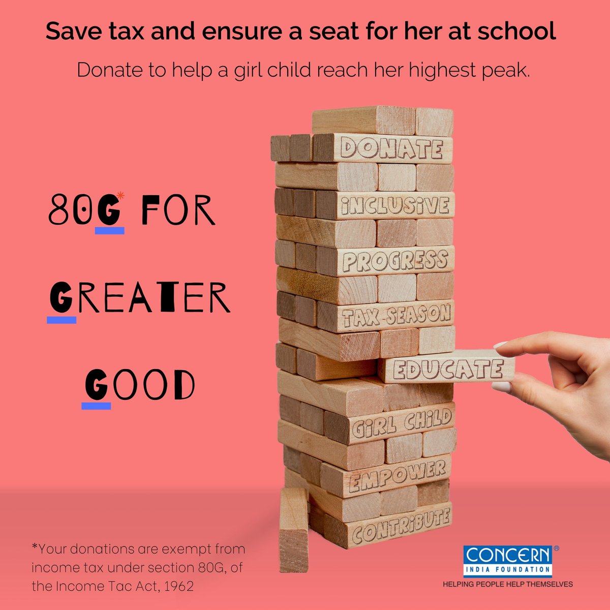 ConcernIndia_'s tweet image. Donate towards Girl Child Education with Concern India Foundation and avail the benefits of tax exemption under section 80G of the Income Tax Act, 1962. #concernindiafoundation #kavitagugnanishah #80Gforgreatergood #Savetax #educateagirls #80G #donateforher #snakeandladder
