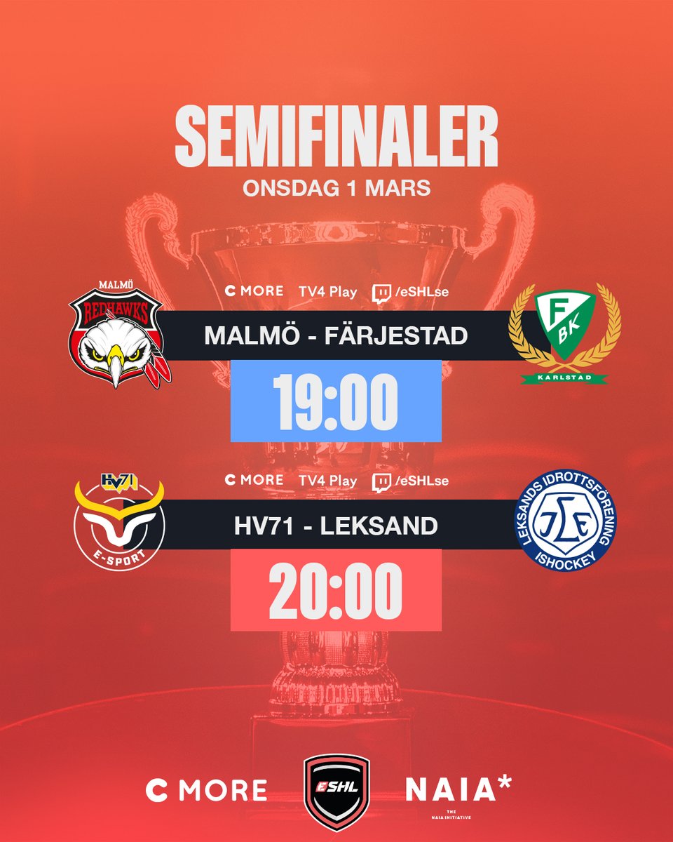 eSHLse (@eshlse) on Twitter photo Semifinaler ikväll! 🔥 Vilka två lag tar sig vidare till final?
- <a href="/RedhawksEsport/">Redhawks Esport</a> vs @fbkesports
- <a href="/hv71_eshl/">HV71 Esport</a> vs @LeksandEsport
#eSHLse #NHL23 <a href="/shlofficial/">SHL Hockey</a> <a href="/Malmo_Redhawks/">Malmö Redhawks</a> <a href="/farjestad_bk/">Färjestad BK</a> <a href="/HV71/">HV71</a> @leksandsif Semifinaler ikväll! 🔥 Vilka två lag tar sig vidare till final?
- <a href="/RedhawksEsport/">Redhawks Esport</a> vs @fbkesports
- <a href="/hv71_eshl/">HV71 Esport</a> vs @LeksandEsport
#eSHLse #NHL23 <a href="/shlofficial/">SHL Hockey</a> <a href="/Malmo_Redhawks/">Malmö Redhawks</a> <a href="/farjestad_bk/">Färjestad BK</a> <a href="/HV71/">HV71</a> @leksandsif