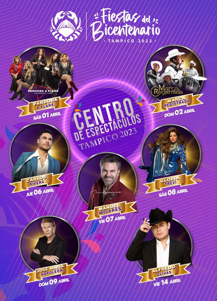 DondeHayFeria's tweet image. 🦀🌟¡Así el elenco para el Centro de Espectáculos de las Fiestas del Bicentenario #Tampico 2023!

💜 @GrupoPandora @Flansoficial_ 
💛 @_CarlosRivera 
💜 @MijaresOficial 
💛 @GloriaTrevi 
💜 @JM_Napoleon 
💛 #AlfredoOlivas
💜 #MarcaRegistrada

dondehayferia.com/fiestas-del-bi…