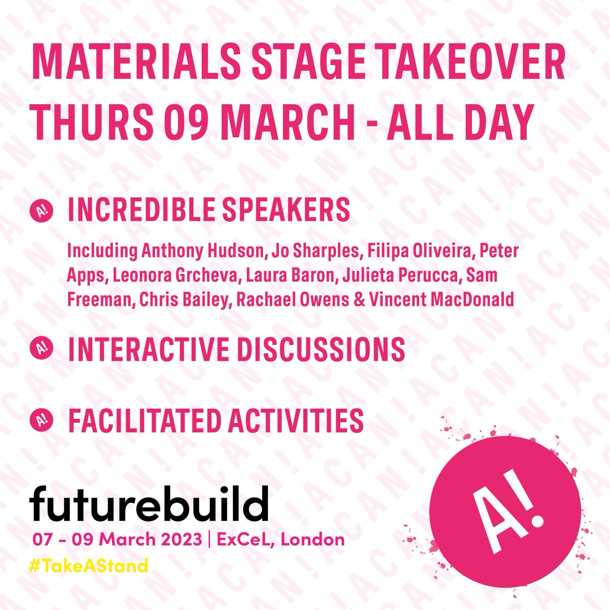 ACAN! (@architectscan) on Twitter photo MATERIALS STAGE TAKEOVER Thurs 09 March - all day
🅰️INCREDIBLE SPEAKERS
🅰️INTERACTIVE DISCUSSIONS
🅰️FACILITATED ACTIVITIES
4/4 See you at <a href="/FuturebuildNow/">Futurebuild</a> ! MATERIALS STAGE TAKEOVER Thurs 09 March - all day
🅰️INCREDIBLE SPEAKERS
🅰️INTERACTIVE DISCUSSIONS
🅰️FACILITATED ACTIVITIES
4/4 See you at <a href="/FuturebuildNow/">Futurebuild</a> !
