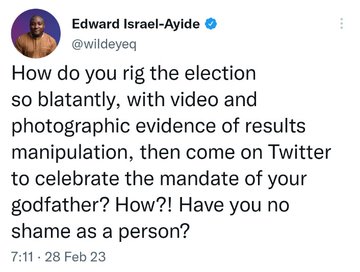EniyeAmeze's tweet photo. I have often wondered about how people are celebrating an obviously rigged election. Shame on Everyone of you!
Obidients will laugh last 

𝗔𝘁𝗶𝗸𝘂 𝗮𝗻𝗱 𝗢𝗯𝗶 Bola Ahmed Tinubu Chief of Staff Obasanjo Femi Falana #protest #SupremeCourt #Revolution Section 134 Japa Igbo Lagos https://t.co/2iezXU0sE2
