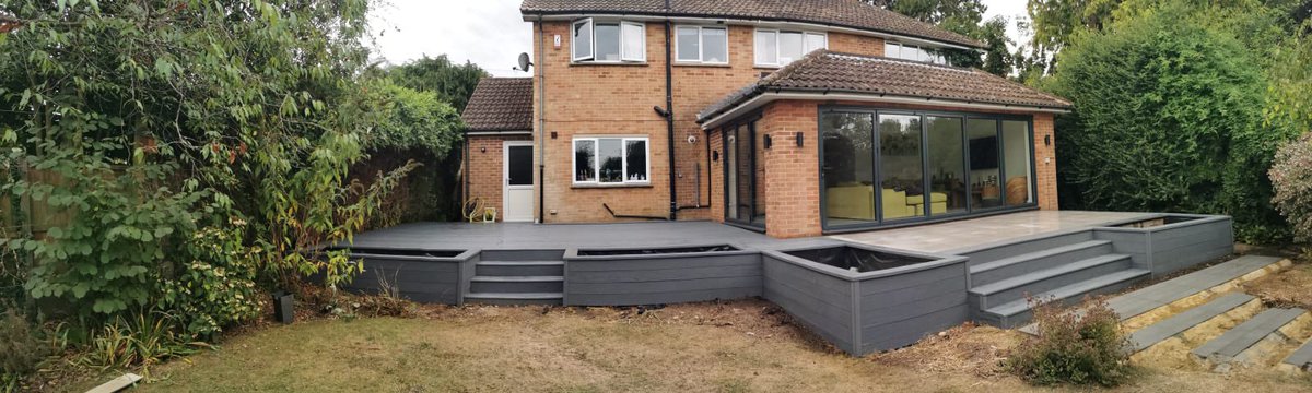 GosbeeLandscape's tweet photo. At a gorgeous house in the historic town of Canterbury, we were tasked with replacing an existing raised patio area with decking, plus constructing wide steps down to the rest of the garden
We used Millboard from Composite Decking Supply UK to create durable  outdoor living space https://t.co/GKXzcfsitM