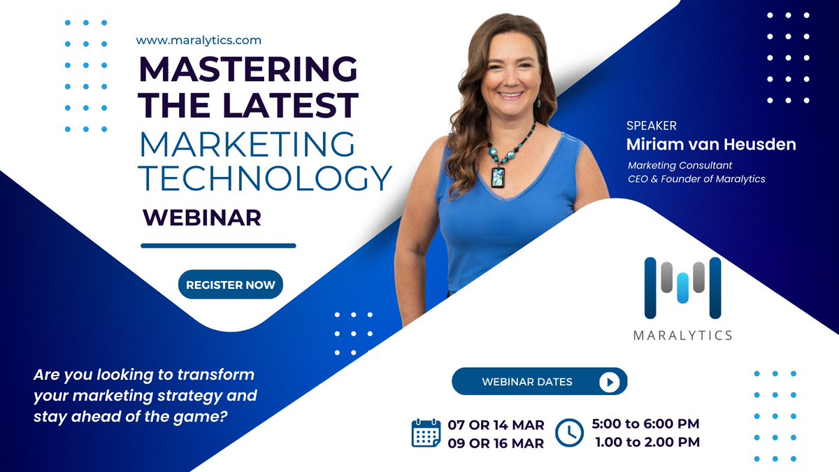 MiriamvHS's tweet photo. I wanted to let you all know that I am finally launching my webinar series on multiple topics in marketing.

The first one starts next week – Mastering the latest marketing technology – Stay ahead of the game.

Register here - https://t.co/t55K6Gm8hq

#Maralytics https://t.co/amjOyVg0Rr