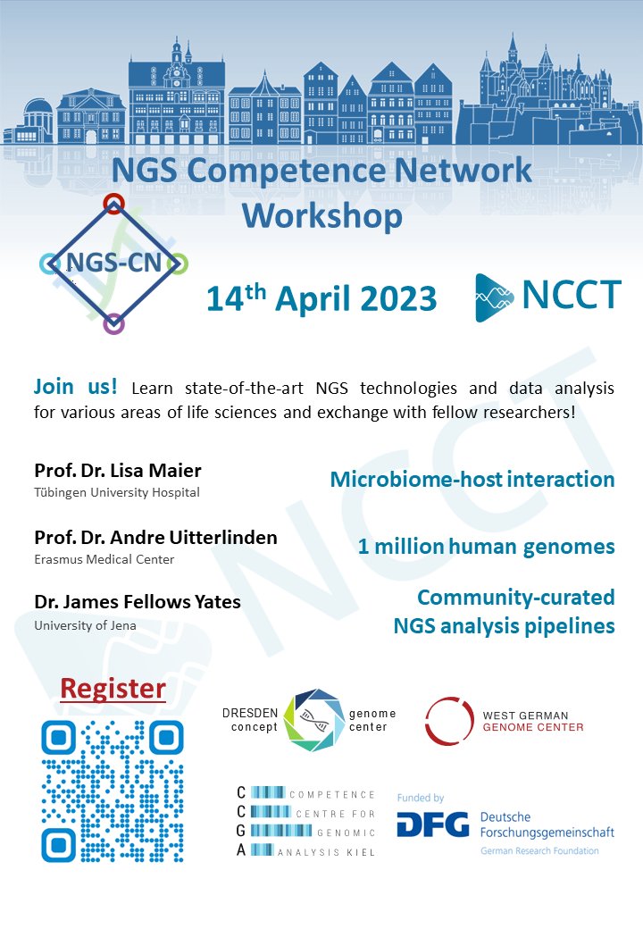 ⚠ Save the date 🔜  the hybrid part of the annual @NGSCN1 genomics Workshop hosted by <a href="/NCCTuebingen/">NCCT</a>  will take place on April 14th.

Join us to learn how the latest genomics tools empower cutting-edge science as well as the latest trends in genomics!

💡 Register: QR or Link 🔽