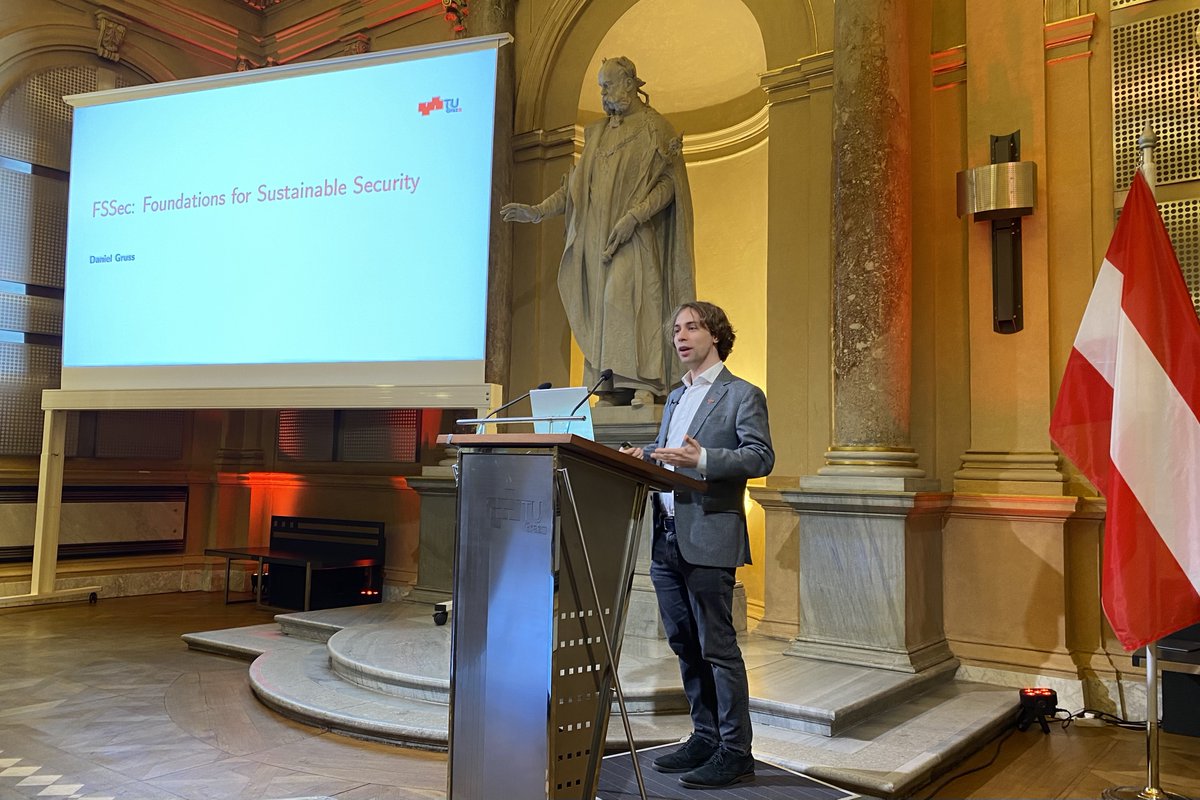 tugraz_csbme's tweet photo. The ERC Starting Grant Kick-off Event by Daniel Gruss took place yesterday evening in the Aula. It was a complete success! He gave an interesting talk about "How energy efficiency in IT can be increased in the future without causing security gaps". #csbme #tugraz #ERC https://t.co/dHm6suwi8S