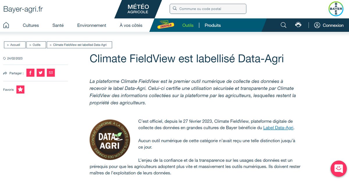 #MardiConseil #LabelDataAgri
📢 Depuis le 27/02, avec une signature depuis le #SIA2023, la plateforme numérique Climate FieldView est labellisée #DataAgri

Qu'est-ce que cela change ? Qu'est-ce que le label Data Agri ?
On revient plus en détails dessus ⬇️
bayer-agri.fr/outils-service…