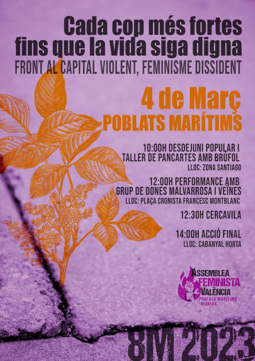 AssembleaVlc's tweet photo. Aquest cap de setmana, els barris de #València caminen cap al #8M2023✊ 

🟣A #PoblatsMarítims ens mobilitzem amb les veïnes contra la precarització feminitzada de la vida.
 
📆 Dissabte 4 de març 
🕐 A partir de les 10h 
📍Iniciem a la Zona Santiago 

#FemisAnticapisPPCC https://t.co/ahZ9bKZD2Z