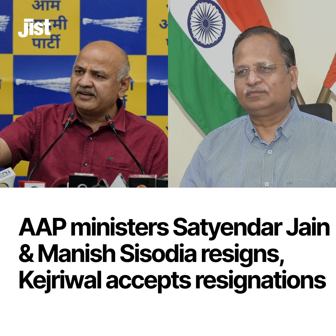 jist_news's tweet photo. Satyendar Jain and Manish Sisodia, both ministers of AAP, have resigned and their resignations have been accepted by Arvind Kejriwal.
#arvindkejriwal #aap #manishsisodia #satyendrajain #resigne #aapminister #news #delhinews https://t.co/tw6JzMO1Ve